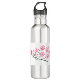 Botella De Agua Acuarela Pink Magnolia Naturaleza Botánica Floral