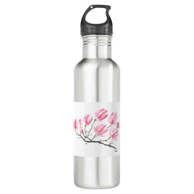 Botella De Agua Acuarela Pink Magnolia Naturaleza Botánica Floral (Anverso)