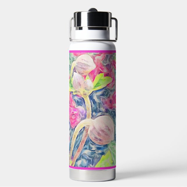 Botella De Agua Acuarela rosa Acentos azules anémónicos Uso en frí (Reverso)
