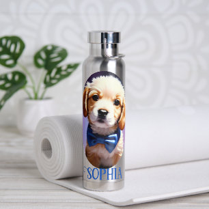 Botella De Agua Adorable Cachorro Fluffy con Azulejos de Bow Azul