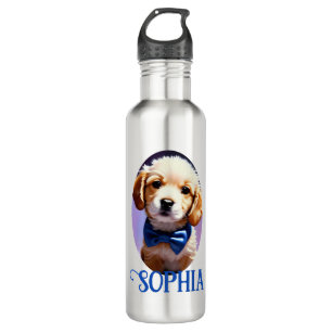 Botella De Agua Adorable Cachorro Fluffy con Azulejos de Bow Azul