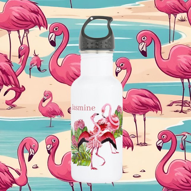 Botella De Agua adoradores lindos de flamingo rosa añaden nombre (Subido por el creador)