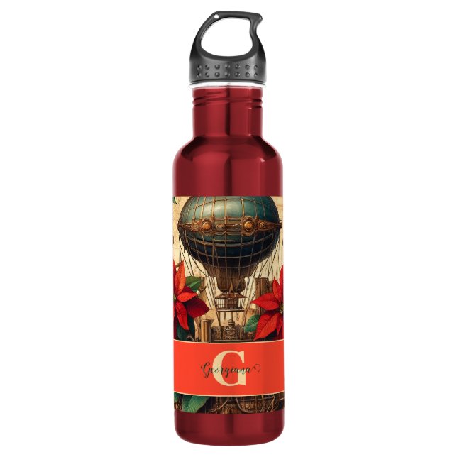 Botella De Agua Aeronave personalizada Steampunk con Poinsettia (Anverso)