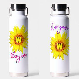 Botella De Agua Aesthetic Sunflower, Trendy Girly Name & Monogram 