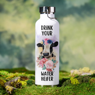 Botella De Agua Afirmación divertida de flores y vaca en acuarela