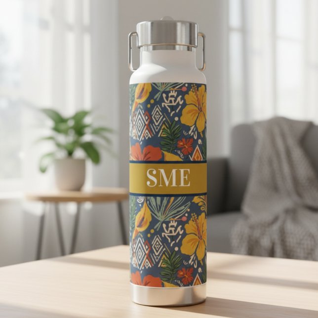 Botella De Agua Afro Bohemian Floral monogram Water Bottle (Afro Bohemian Floral Water Bottle)