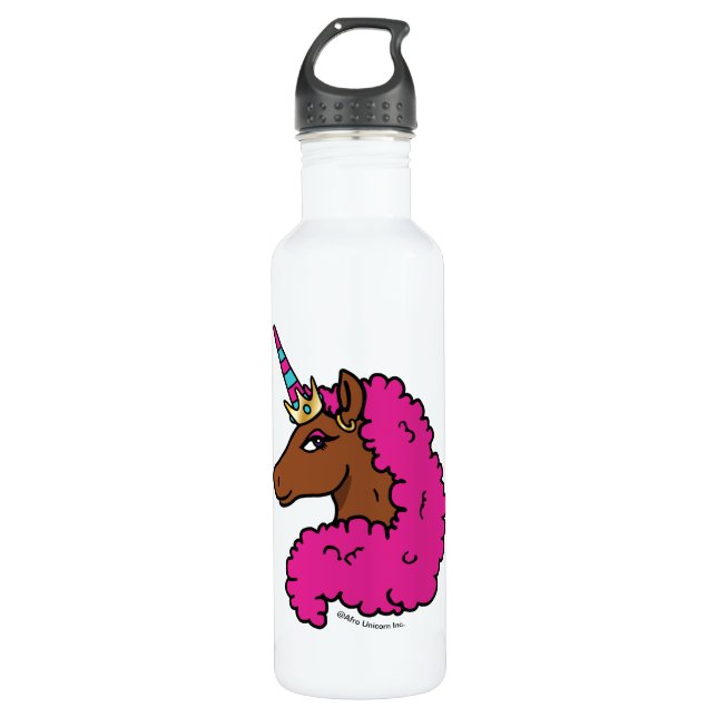 Botella De Agua Afro Unicornio rosa caliente (Anverso)