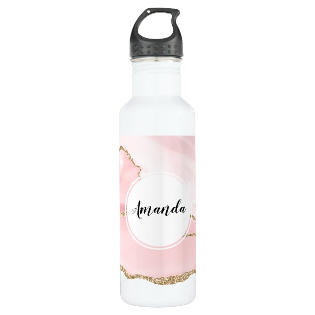 Botella De Agua Agante Rubor rosa con cinta dorada elegante (Anverso)