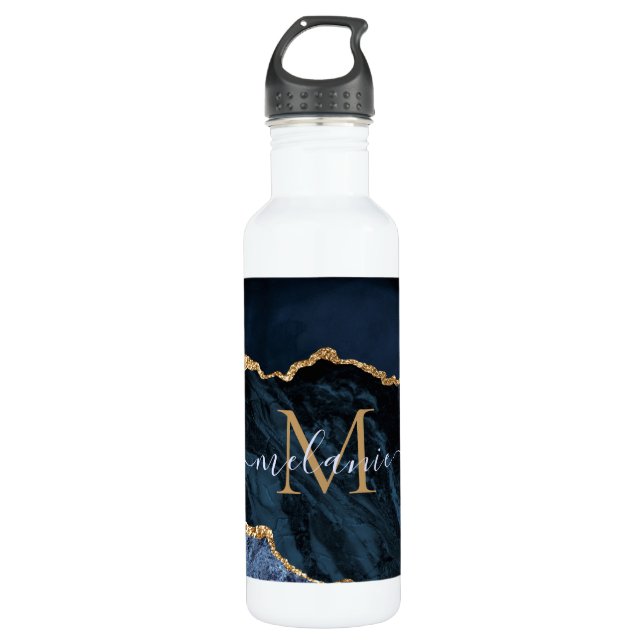 Botella De Agua Agate Navy Blue Gold Gemstone Marble Monograma (Anverso)