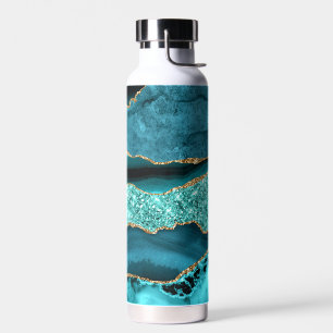 Botella De Agua Agate Verde azulado Purpurina de oro azul Marble A