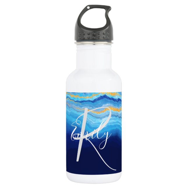 Botella De Agua Agosto Índigo Profundo Marble Resumen Nombre Monog (Anverso)