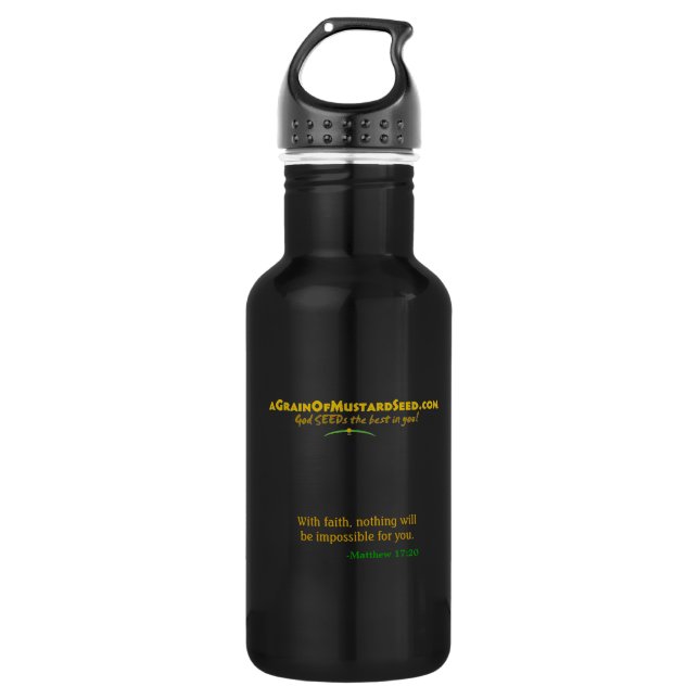 Botella De Agua Agrainofmustardseed.com Logo Matthew 17:20 (Anverso)