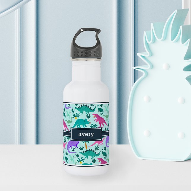 Botella De Agua Aguamarina | Nombre del patrón de dinosaurios colo (Subido por el creador)