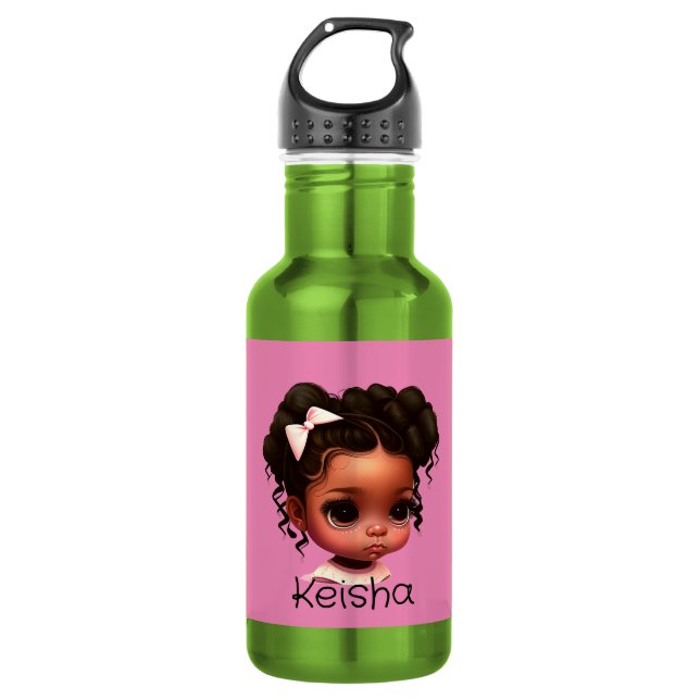 Botella De Agua AKA - Chica marrón en rosa y verde (Anverso)