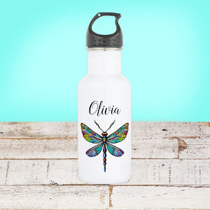 Botella De Agua Alas coloridas de la libélula de vidrio manchado