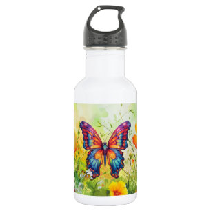 Botella De Agua Alas Naranjas azules de mariposa