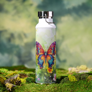 Botella De Agua Alas Naranjas azules de mariposa