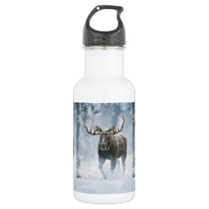 Botella De Agua Alce Macho Caminando a Través de la Nieve Boreal