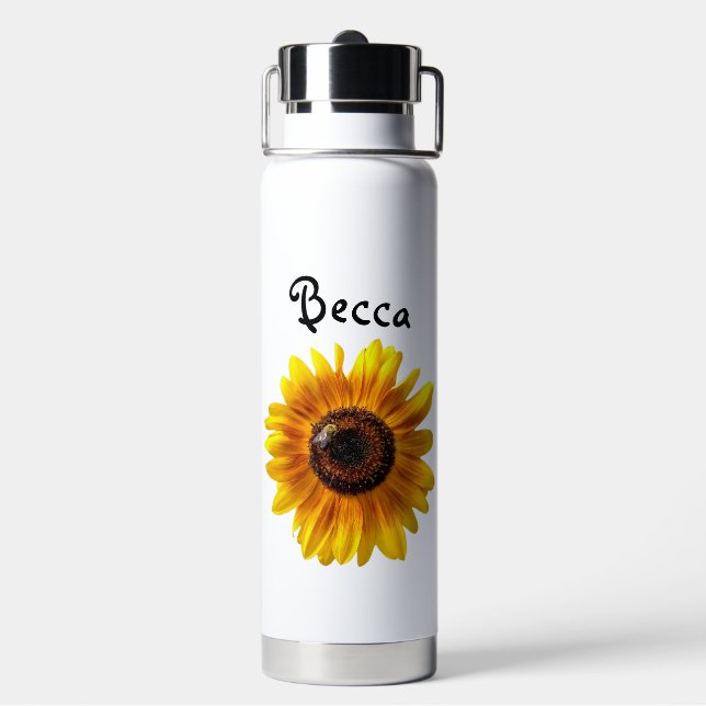 Botella De Agua Alegre girasol amarillo con abeja personalizada (Reverso)