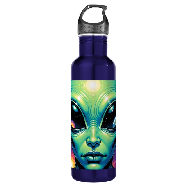 Botella De Agua Alien Face con planetas reflexiones en los ojos (Anverso)