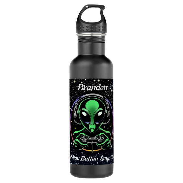 Botella De Agua Alien jugando videojuegos con fondo estelar (Anverso)