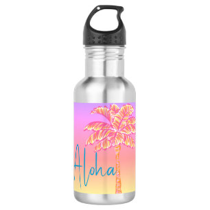 Botella De Agua Aloha del árbol de palmas rosadas tropicales