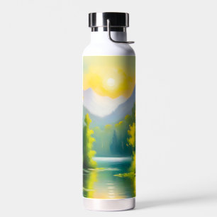 Botella De Agua Amanecer sobre montañas y lago cubiertos de nieve
