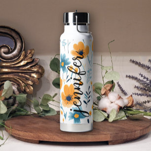 Botella De Agua Amarillo Azul Bonito Floral Añadir nombre