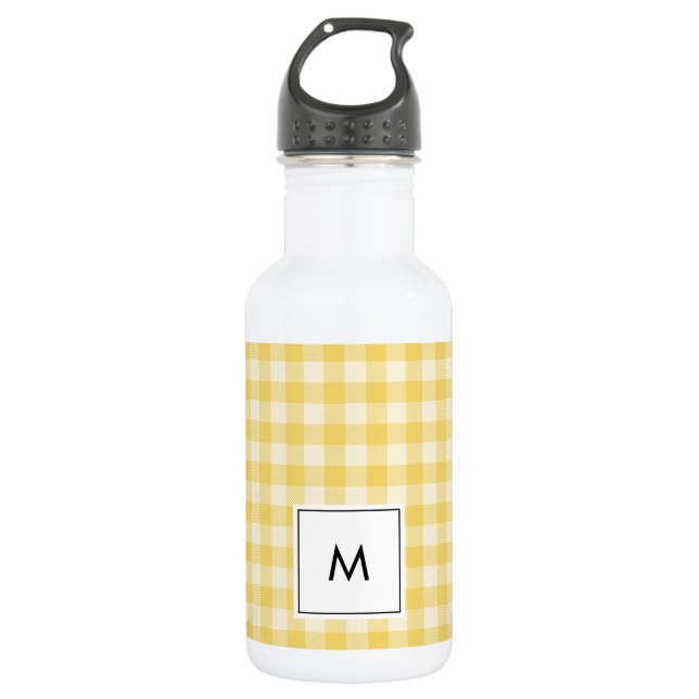 Botella de agua amarillo Gingham Plaid Monograma (Anverso)
