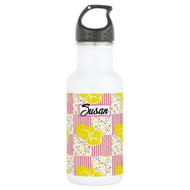 Botella De Agua Amarillo Lemones Estrellas Rosadas Verano (Anverso)
