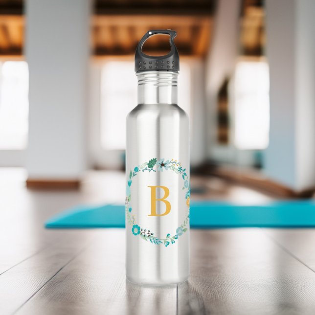 Botella De Agua Amarillo y Aqua Monograma Floral Wreath (Subido por el creador)