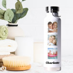 Botella De Agua Amigos de la familia del collage de fotos nombran<br><div class="desc">Un fondo blanco clásico. Personaliza y agrega tus propias fotos de familia y amigos. Añade tu nombre,  letras negras.</div>