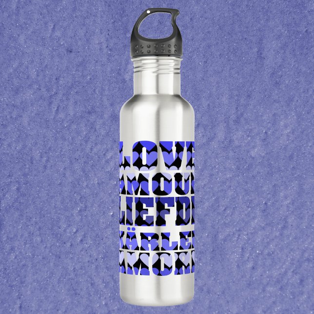 Botella De Agua Amor en idiomas extranjeros Corazón azul (A water bottle that says love in a variety of languages with a blue heart pattern.)