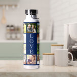 Botella De Agua Amor moderno 10 Collage de fotos azul<br><div class="desc">Una botella de agua azul marino para celebrar a tu familia o a otros a los que amas,  con un collage de 10 fotos y "LOVE" escrito en el medio en una elegante tipografía blanca.</div>