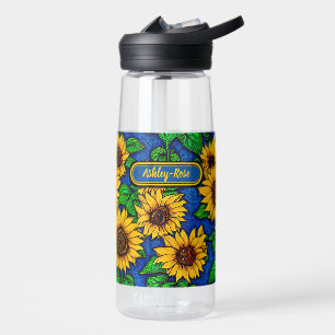 Botella De Agua Añadir nombre girasoles dorados y hojas en azul os