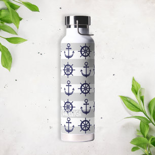 Botella De Agua Ancla de barco de rueda personalizada azul marino