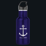 Botella De Agua Anclaje azul de la Marina Náutica y nombre persona<br><div class="desc">Botella de agua Náutica Minimalista moderna con ancla blanca con nombre personalizado en sans modernos blancos serif estilo tipo de letra en botella de agua azul marino. Perfecto como regalo de verano para él y más.</div>