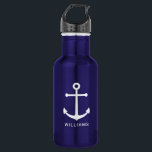 Botella De Agua Anclaje azul de la Marina Náutica y nombre persona<br><div class="desc">Botella de agua Náutica Minimalista moderna con ancla blanca con nombre personalizado en sans modernos blancos serif estilo tipo de letra en botella de agua azul marino. Perfecto como regalo de verano para él y más.</div>