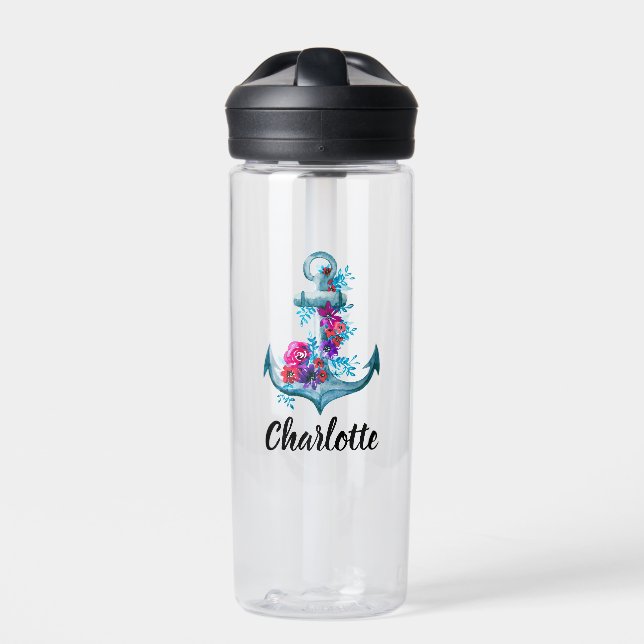 Botella De Agua Anclaje de acuarela floral náutica personalizado (Delante)