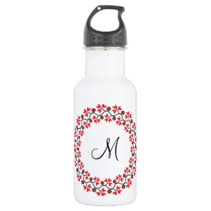 Botella De Agua Anillo de flores rojas Monograma personalizado ini