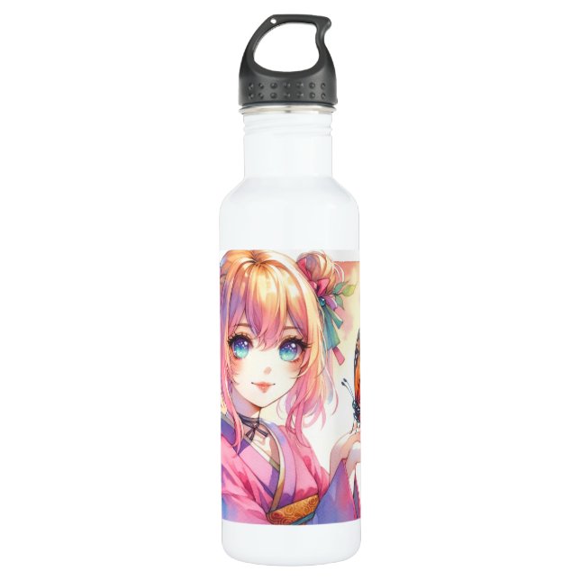 Botella De Agua Anime Chica sostiene una mariposa (Anverso)
