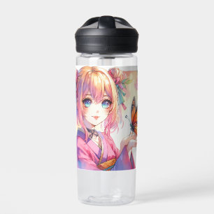 Botella De Agua Anime Chica sostiene una mariposa personalizada