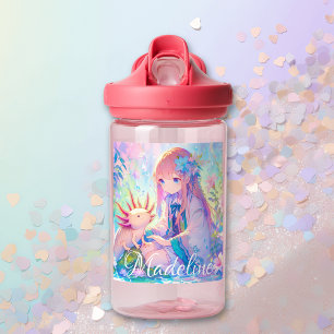 Botella De Agua Anime Chica y Axolotl Personalizados