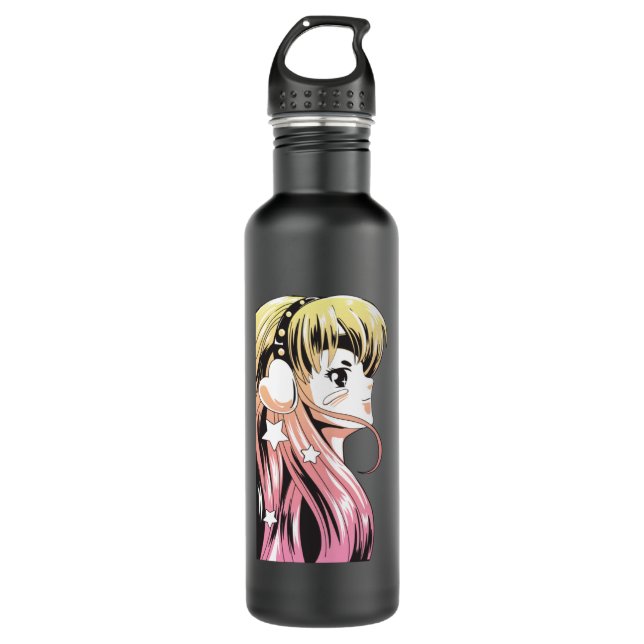 Botella De Agua Anime Manga Chica Gradiente Pelo Amarillo Rosa (Anverso)