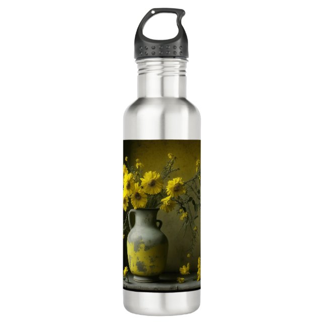 Botella De Agua Antigua base de flores amarillas (Anverso)