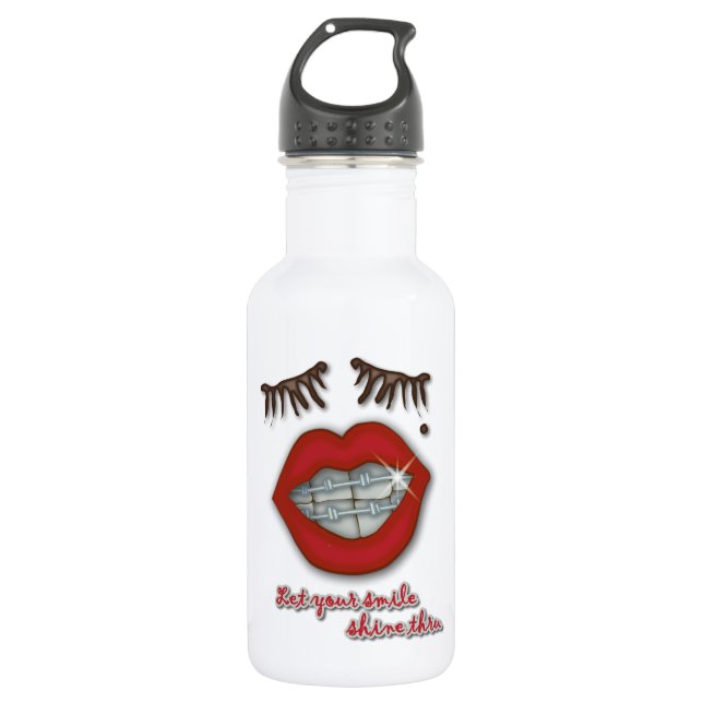 Botella De Agua Apoyos brillantes, labios rojos, topo, y pestañas (Anverso)