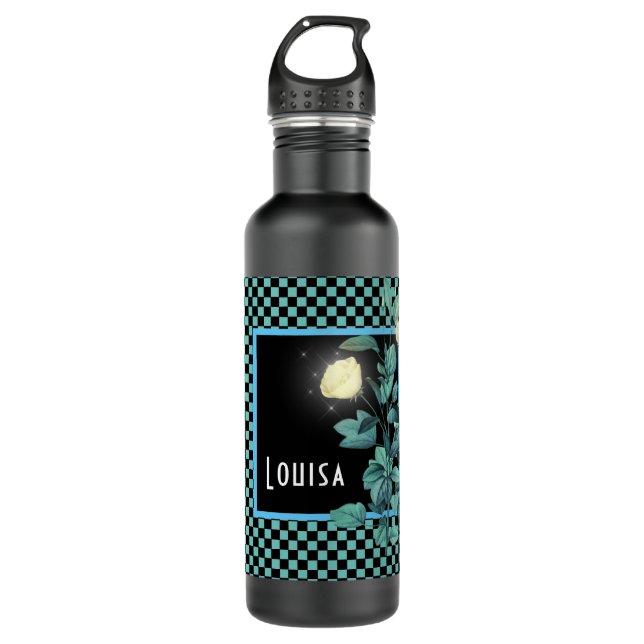 Botella De Agua Aqua Checkerboard Floral personalizada (Anverso)