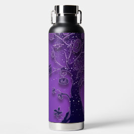 BOTELLA DE AGUA ÁRBOL DE HALLOWEEN TONOS DE PÚRPURA CON CALABAZAS