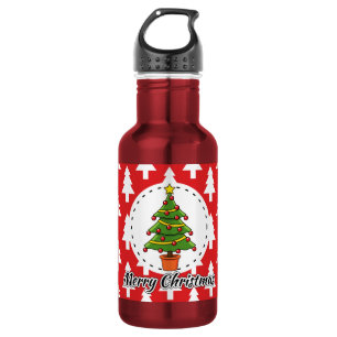 Botella De Agua Árbol de Navidad sobre patrón de pinos rojos - Fel