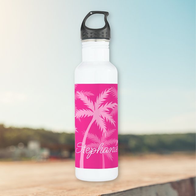 Botella De Agua Árbol de palma fino rosa caliente magenta monogram (Subido por el creador)
